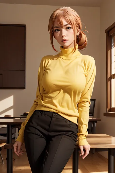 (masterpiece, best quality), 1girl,  <lora:gahamama_v1:1> gahamama, single hair bun, breasts, turtleneck, yellow sweater, long sleeves, black pants