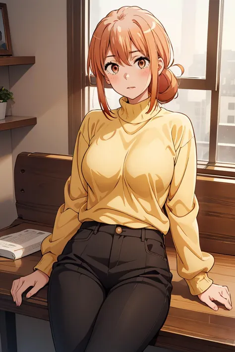 (masterpiece, best quality), 1girl,  <lora:gahamama_v1:1> gahamama, single hair bun, breasts, turtleneck, yellow sweater, long s...