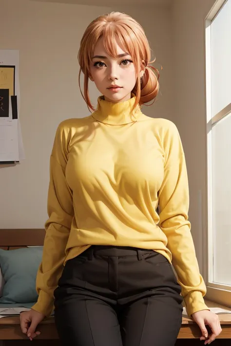 (masterpiece, best quality), 1girl,  <lora:gahamama_v1:1> gahamama, single hair bun, breasts, turtleneck, yellow sweater, long s...
