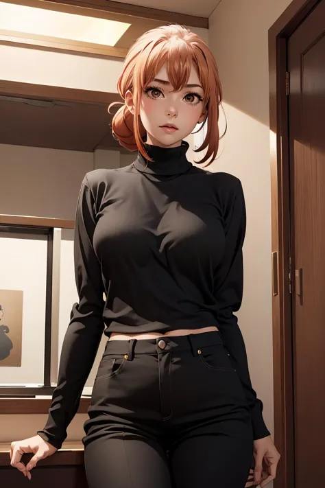 (masterpiece, best quality), 1girl,  <lora:gahamama_v1:1> gahamama, single hair bun, breasts, turtleneck, yellow sweater, long sleeves, black pants