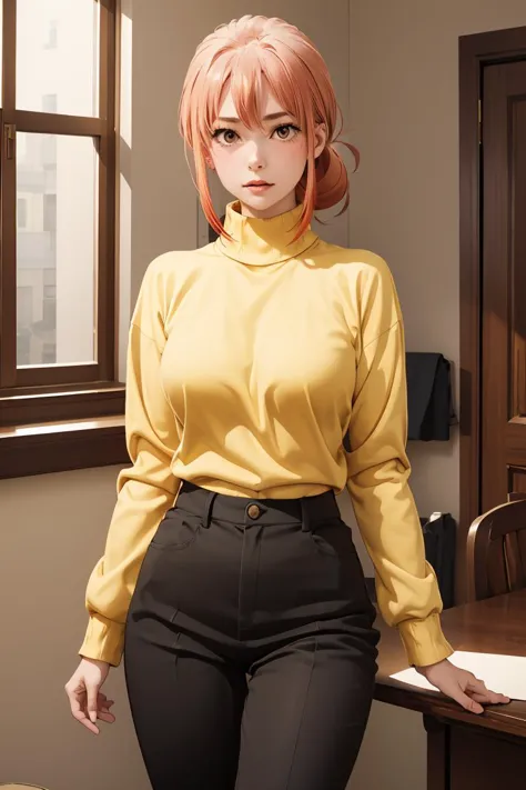 (masterpiece, best quality), 1girl,  <lora:gahamama_v1:1> gahamama, single hair bun, breasts, turtleneck, yellow sweater, long sleeves, black pants