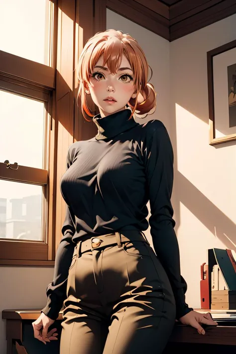 (masterpiece, best quality), 1girl,  <lora:gahamama_v1:1> gahamama, single hair bun, breasts, turtleneck, yellow sweater, long sleeves, black pants