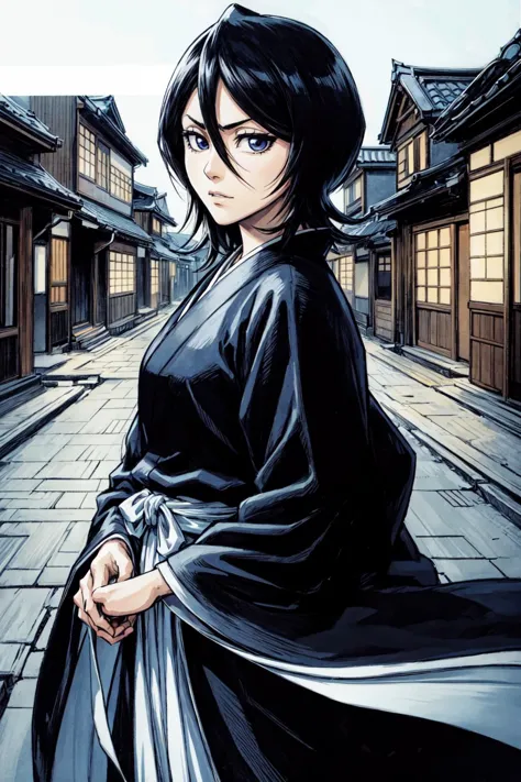 thick outlines, comics, photorealistic, 1girl, solo, ice, kuchiki_rukia, black kimono, japanese town, detailed background, detailed face, detailed eyes, 