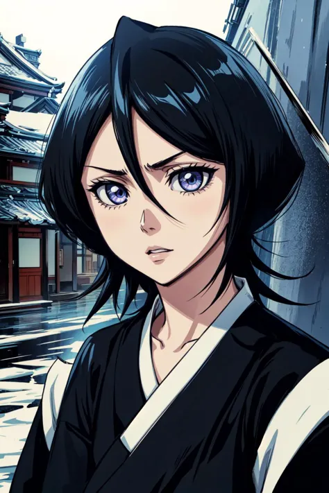 thick outlines, comics, photorealistic, 1girl, solo, ice, kuchiki_rukia, black kimono, japanese town, detailed background, detailed face, detailed eyes, 