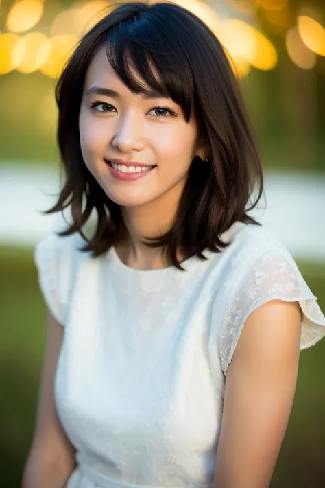 a close up of a woman with a white dress and a smile