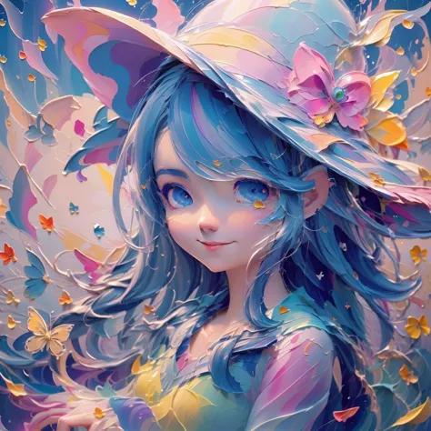 a close up of a girl with a hat and flowers