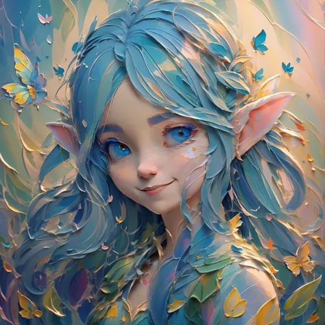 a close up of a painting of a girl with blue hair and butterflies