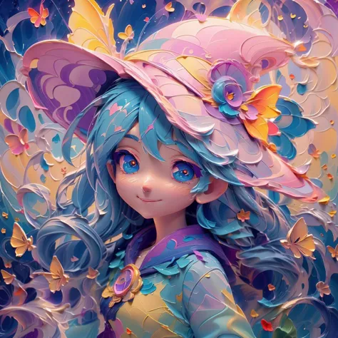 a close up of a girl with a hat and a dress