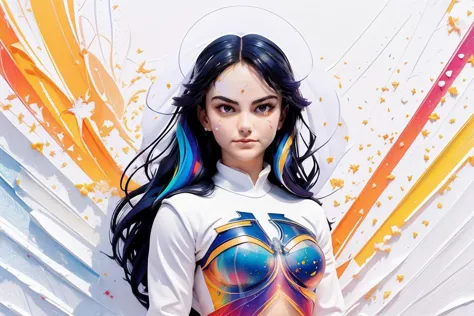 photo of beautiful (((cm3nd3s:1.05))), a woman looking at viewer, (((dramatic))), (((intense))) ((closeup:1.2)), (((sexy superhero outfit))), (geometry), geometry figures, framing, (((beautiful detailed colorful art:1.4))), (art by Carne Griffiths:1.2), (art by Anato Finnstark:1.2), (magazine cover:1.3), fashionable, vibrant, dynamic, statement, striking, modern, trendy, ((focus)), fashion,<lora:GachaSplash4:1> (white background:1.5) [(white background:1.5),::5] <lora:blindbox_v1_mix:1> <lora:impasto:0.5>, (looking at the camera:1.2), (splatter:1.2)