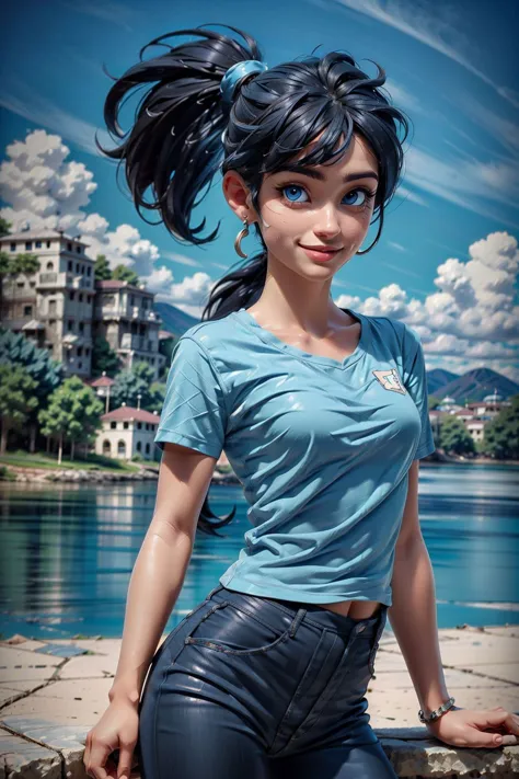 best quality, high detail, (detailed face), detailed blue eyes, masterpiece, woman, athletic, blue t-shirt, short sleeves, yoga pants, (arms at side:1.2), ponytail, blunt bangs, black hair, straight-on, standing, flat chest, outdoors, looking at viewer, smile<lora:more_details:0.5>  <lyco:locon_perfecteyes_v1_from_v1_64_32:1>  <lora:3DMM_V10:0.8>  <lora:impasto:1>