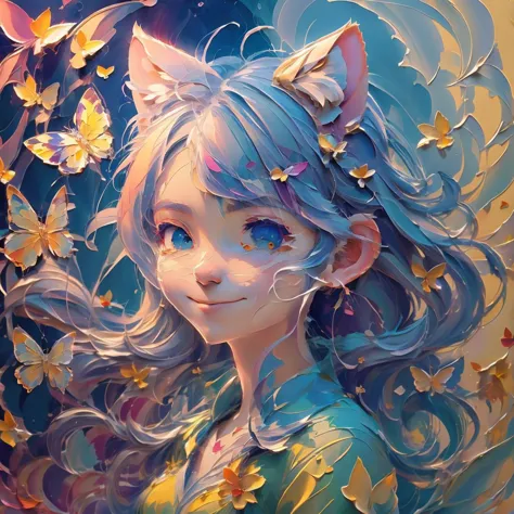 a painting of a girl with long hair and a cat ears