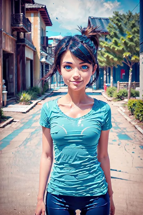 best quality, high detail, (detailed face), detailed blue eyes, masterpiece, ((tanned girl)), blue t-shirt, short sleeves, yoga ...