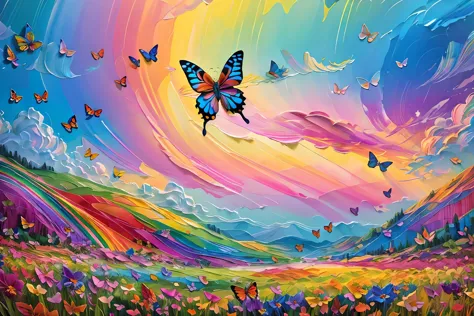 4k, ((masterpiece),(best quality),(ultra-detailed)), wallpaper, epic landscape, ((butterflies)), ((flowers)), colorful, rainbow, 