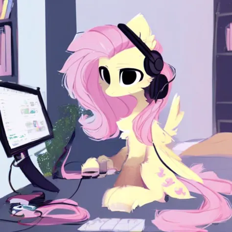 there is a cartoon pony sitting at a computer desk with headphones on