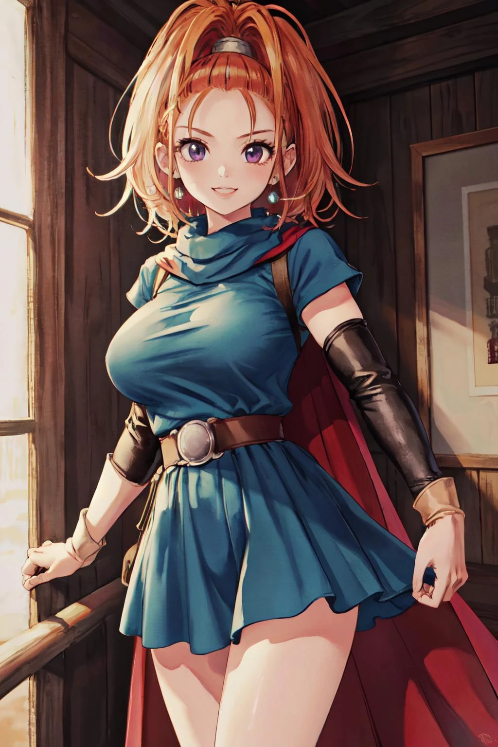 dq6barbara,high ponytail,dress,large breasts,cape, bikini,
(best quality, masterpiece, RAW photo,ultra-detailed:1.2), 1girl,solo,looking at viewer,smile