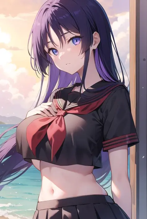 fgoraikou, <lora:raikoutest:1>, raikou, long hair, parted bangs, (purple eyes:1.1), purple hair, (large breast:1.2)
BREAKblack sailor collar, black serafuku, black shirt, black skirt, crop top, crop top overhang, long skirt, navel, neckerchief, rope, sailor collar, school uniform, serafuku, shirt, short sleeves, skirt, thighs, underboob,
BREAK outdoors, beach,
BREAK looking at viewer, 
BREAK <lora:GoodHands-vanilla:1>, (masterpiece:1.2), best quality, high resolution, unity 8k wallpaper, (illustration:0.8), (beautiful detailed eyes:1.6), extremely detailed face, perfect lighting, extremely detailed CG, (perfect hands, perfect anatomy),