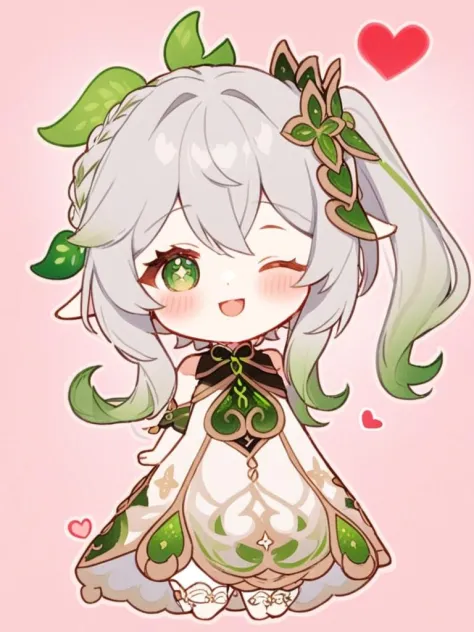 <lora:çº³è¥¿å¦²:1>ï¼nahida_\(genshin_impact\), green_eyes, one_eye_closed, heart, hair_ornament, 1girl, smile, symbol-shaped_pupils, green_hair, side_ponytail, blush, bangs, chibi, pointy_ears, multicolored_hair, leaf_hair_ornament, grey_hair, solo, hair_between_eyes, white_hair, long_hair, white_dress, ;\), closed_mouth, braid, cross-shaped_pupils, looking_at_viewer