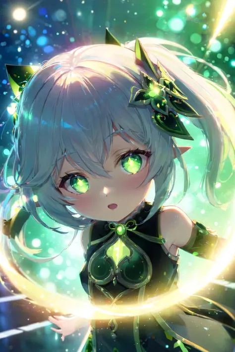 a girl with long hair and green eyes holding a glowing ring