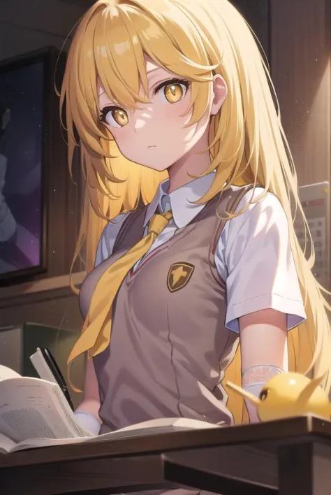 misakishokuhou, misaki shokuhou, blonde hair, hair between eyes, long hair, symbol-shaped pupils, (yellow eyes:1.5)
BREAK elbow gloves, gloves, school uniform, short sleeves, summer uniform, sweater vest, tokiwadai , white gloves,,
BREAK indoors, classroom,
BREAK looking at viewer, 
BREAK (masterpiece:1.2), best quality, high resolution, unity 8k wallpaper, (illustration:0.8), (beautiful detailed eyes:1.6), extremely detailed face, perfect lighting, extremely detailed CG, (perfect hands, perfect anatomy),