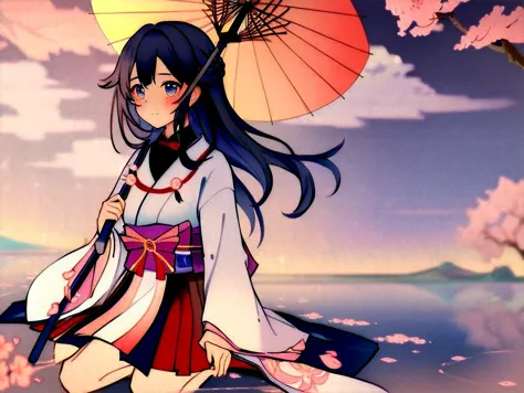 anime girl with umbrella walking on the beach with cherry blossoms