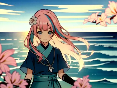 anime girl with pink hair and blue dress standing in front of flowers