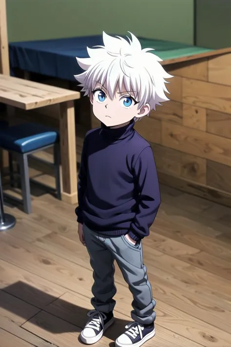 anime boy with white hair and blue eyes standing in a room