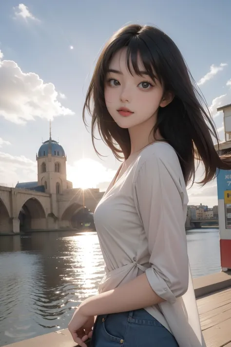 a woman standing on a bridge next to a river