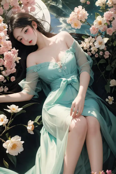 araffe woman in a blue dress laying on a bed of flowers