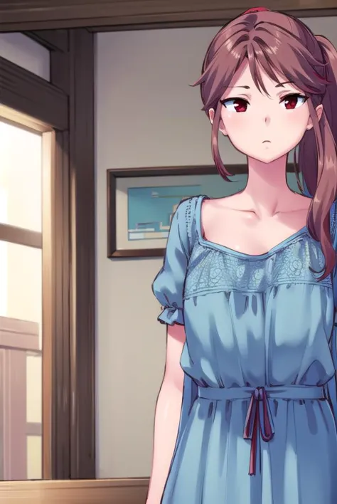 anime girl in blue dress standing in a room with a window