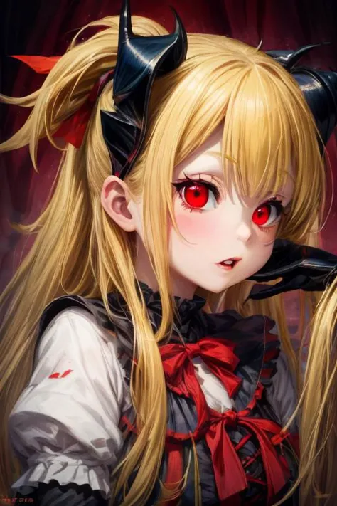 Descrio da cena: Krul Tepes, uma vampira poderosa, est em p no topo de um castelo antigo. Ela est rodeada por uma aura sombria e misteriosa.