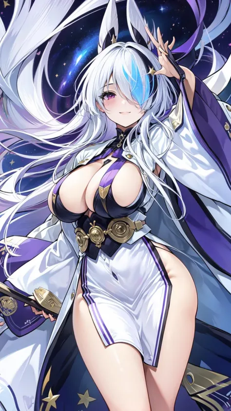 1girl, upper body, close up, focus, breasts, long hair, sheath, zoom layer, purple eyes, unsheathing, large breasts, wide sleeves, japanese clothes, hair ornament, cleavage, thighs, white dress, mole, long sleeves, white hair, bangs, sheathed, black footwe...