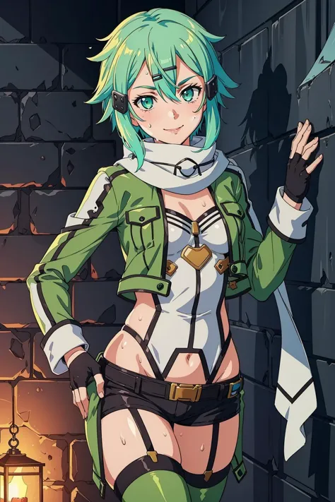 at a dungeon, dark dungeon, prison cell, sinon1, scarf, fingerless gloves, long sleeves, short shorts, hair ornament, hairclip, ...