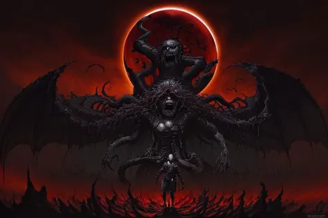 A haunting masterpiece (masterpiece:1.3) of dark fantasy art captures the climactic moment of the eclipse in Berserk. The focus is on the tortured protagonist, Guts (Guts:1.2), standing amidst a chaotic swirl of demonic entities (chaotic:1.1). The sky is ablaze with a blood-red hue (blood-red sky:1.2), as the moon is partially obscured by the ominous eclipse (eclipse:1.3). Guts, wielding his massive sword, stands defiantly against the overwhelming darkness (defiant:1.1), his face marked with determination (determined expression:1.1). The scene is filled with a sense of impending doom (impending doom:1.2), as the world around Guts crumbles and transforms into a nightmarish realm. This stunning artwork is the creation of renowned anime artist Kentaro Miura (Kentaro Miura:1.3), known for his intricate and detailed illustrations.