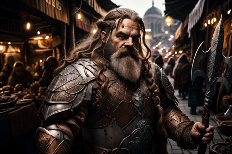 <lora:RPGDwarf:1>  dwarf:1.2,   1man  male with  long wavy locks  hairstyle and  Landing Strip  in chocolate  with Chestnut eyes  eyes  and Thick eyebrows , gladiator wearing chainmail <lora:chainmail:1> holding trident background portrait , In a bustling market in a city floating on water, with merchants selling magical artifacts, in background, realistic:1.2,  masterpeice, ultradetailed, intricate details, perfect quality, ultrashapr, ultradetailed, photorealistic, perfect shadows, profesional lights, realistic, blurry, boekh, masterpiece light works,depth of fiel, ultradetailed character, pefect quality, maximum quality, intricate details, detailed face, realistic lights, realistic shadows, profesional photo