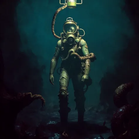 a man in a diving suit holding a lantern above his head