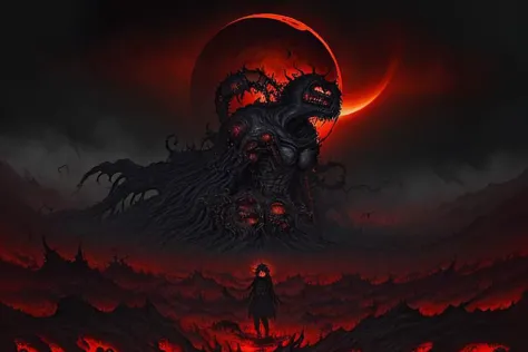 A haunting masterpiece (masterpiece:1.3) of dark fantasy art captures the climactic moment of the eclipse in Berserk. The focus ...