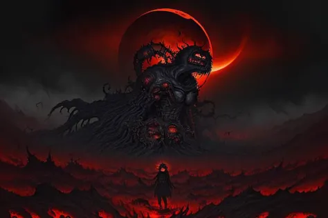 A haunting masterpiece (masterpiece:1.3) of dark fantasy art captures the climactic moment of the eclipse in Berserk. The focus is on the tortured protagonist, Guts (Guts:1.2), standing amidst a chaotic swirl of demonic entities (chaotic:1.1). The sky is ablaze with a blood-red hue (blood-red sky:1.2), as the moon is partially obscured by the ominous eclipse (eclipse:1.3). Guts, wielding his massive sword, stands defiantly against the overwhelming darkness (defiant:1.1), his face marked with determination (determined expression:1.1). The scene is filled with a sense of impending doom (impending doom:1.2), as the world around Guts crumbles and transforms into a nightmarish realm. This stunning artwork is the creation of renowned anime artist Kentaro Miura (Kentaro Miura:1.3), known for his intricate and detailed illustrations.