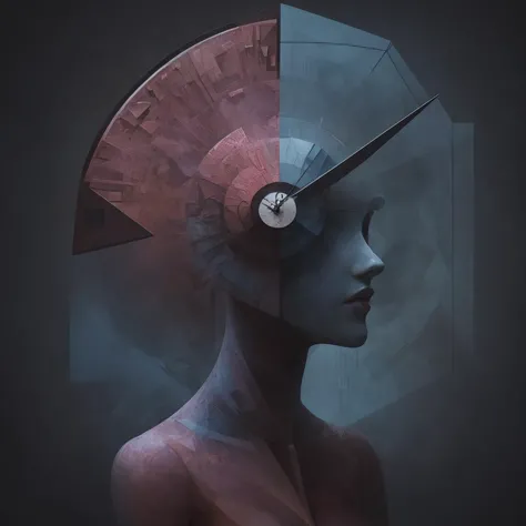 (Abstracto:1.2) mujer joven compuesta por (formas geométricas:1.2), convirtiéndose en un (zdzislaw beksinski) Reloj de estilo,