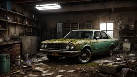 a decayed car in a garage, rust, moss flowers, vines,  Clutter-Mechanical:1.5, Masterpiece realistic, best high quality, perfect details, intricate details, nice lighting, detailed background,<lora:more_details:1.0>