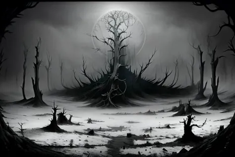 a black and white photo of a dark forest with a full moon