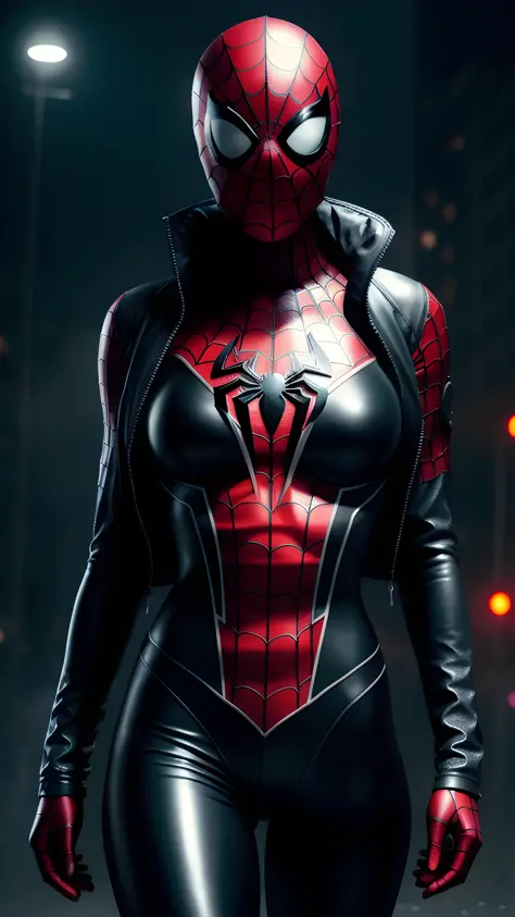 dark scene, (shot of a woman wearing a spiderman costume), (skinny body:1.4), night city, (mist:0.2), highest quality, particles, light rain, girl focus, breasts, (large breasts:1.7), night, outdoors, rain, dark atmosphere, lightning, detailed background, ...