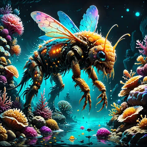 a painting of a bee with glowing eyes and a body of water