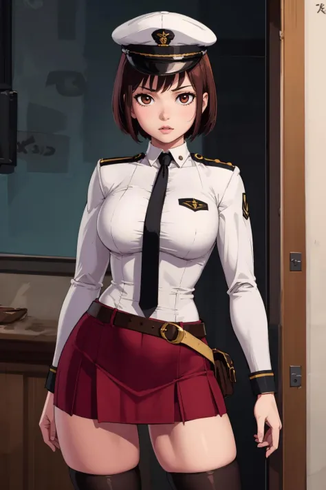 (masterpiece, best quality:1.2), <lora:aka6:1>, aka6, 1girl, solo, thighhighs, hat, necktie, skirt, short hair, brown hair, zettai ryouiki, uniform, headwear removed, belt