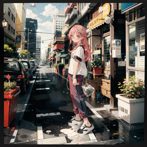 anime girl with pink hair and pink hair standing on a city street