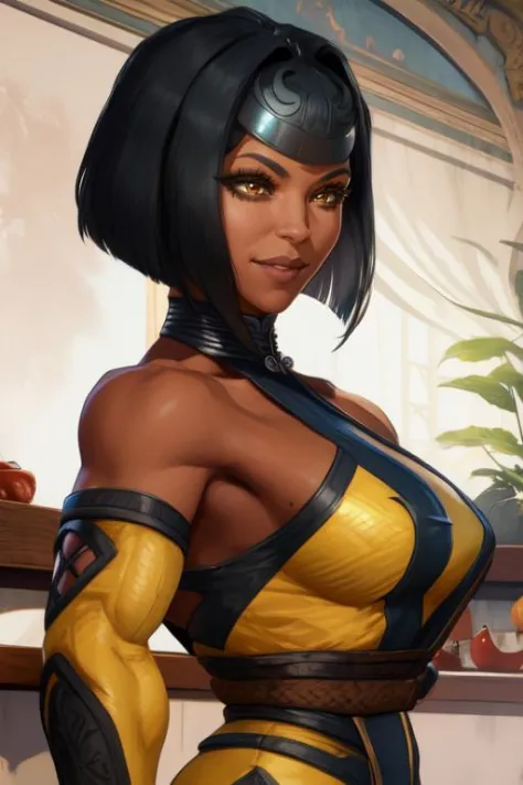 tanyaMK1, black hair,  brown eyes,  bob cut, 
yellow leotard,   elbow sleeves,  smile, 
royal garden, mortal kombat,  bar
standi...