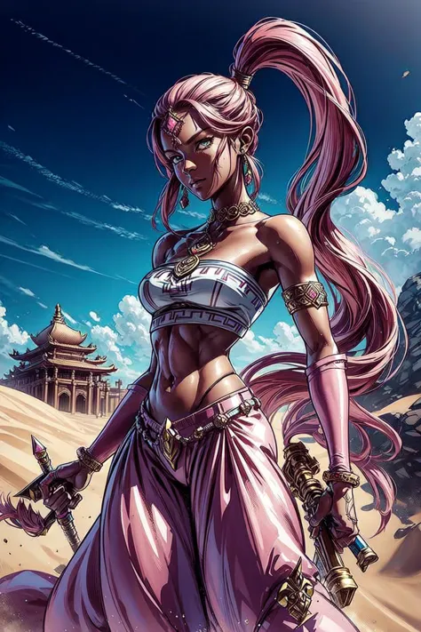 a woman in a pink outfit holding a sword in a desert