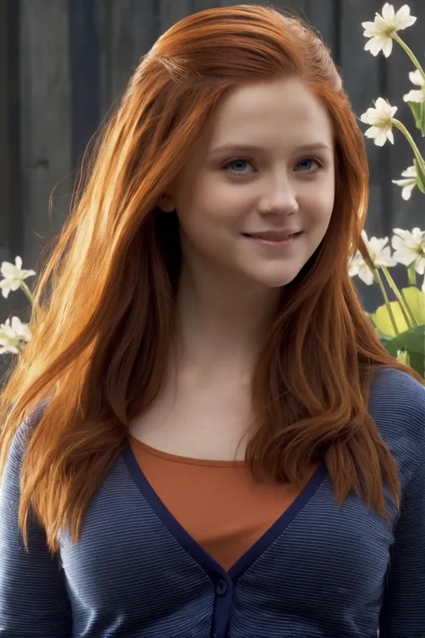 Ginny_Weasley, a woman wearing a stripped jacket and jeans pants, Hidden behind flowers, even the smile, surrounded by grace, Be...