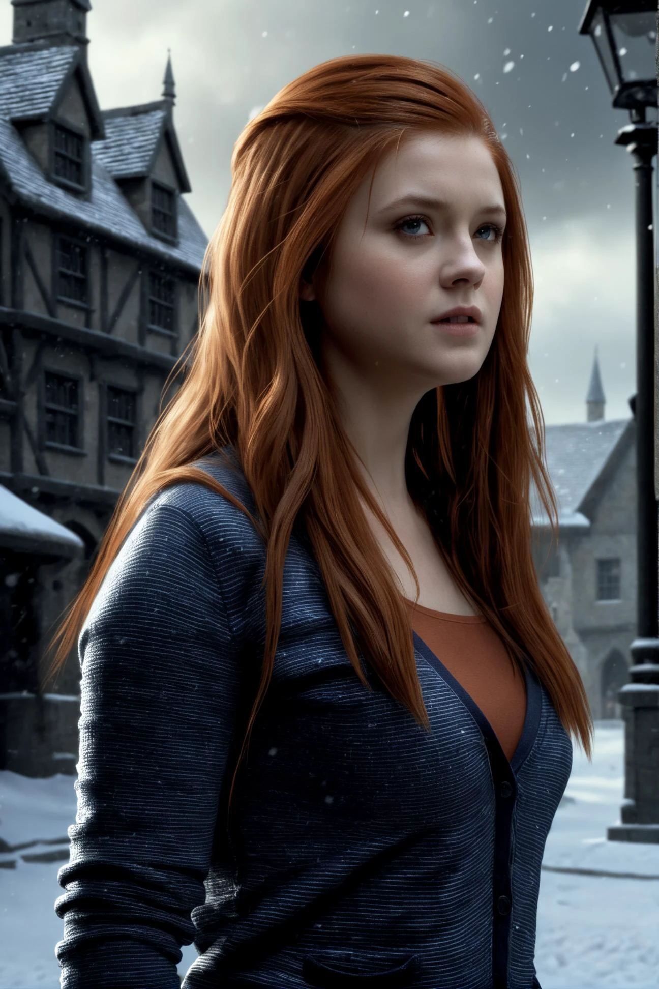Ginny_Weasley, a woman wearing a stripped jacket and jeans pants,  Seductive Look, The Beautiful Girl with beautiful eyes and hair, at Hogsmeade, outside, snowing, in winter, perfect composition, beautiful detailed intricate insanely detailed octane render trending on artstation, 8 k artistic photography, photorealistic concept art, soft natural volumetric cinematic perfect light, chiaroscuro, award - winning photograph, masterpiece, oil on canvas, raphael, caravaggio, greg rutkowski, beeple, beksinski, giger, detailed, hdr, epic background, line art, digital illustration, comic style, dynamic, highly detailed, artstation, concept art, smooth, sharp focus, illustration, Thomas Moran style, art by Carne Griffiths and Wadim Kashin, detailed background, 60-30-10 color rule, warm tones, godrays, unreal engine, greg rutkowski, loish, rhads, beeple, makoto shinkai and lois van baarle, ilya kuvshinov, rossdraws, tom bagshaw, alphonse mucha, global illumination, detailed and intricate environment 