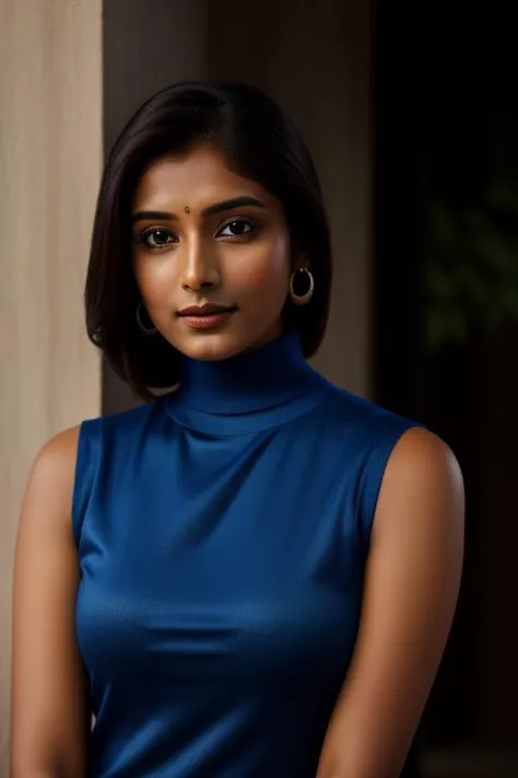 anusha in blue top and black skirt posing for a photo