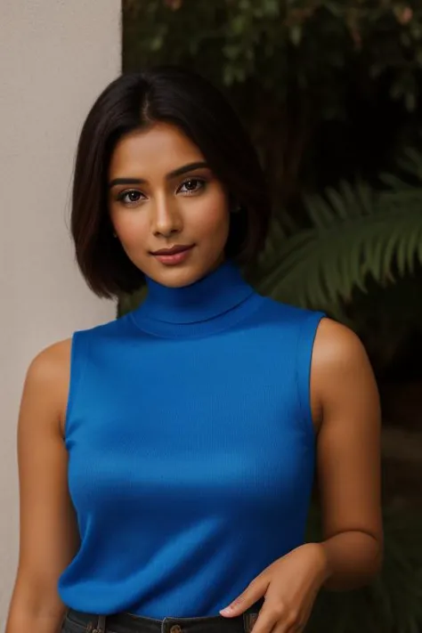 highres headshot photo of a beautiful indian woman, looking at the viewer, wearing a blue sleeveless turtleneck,  brightly lit scene, outdoors, daytime <lora:Desi_Fair_Dark_last:1>